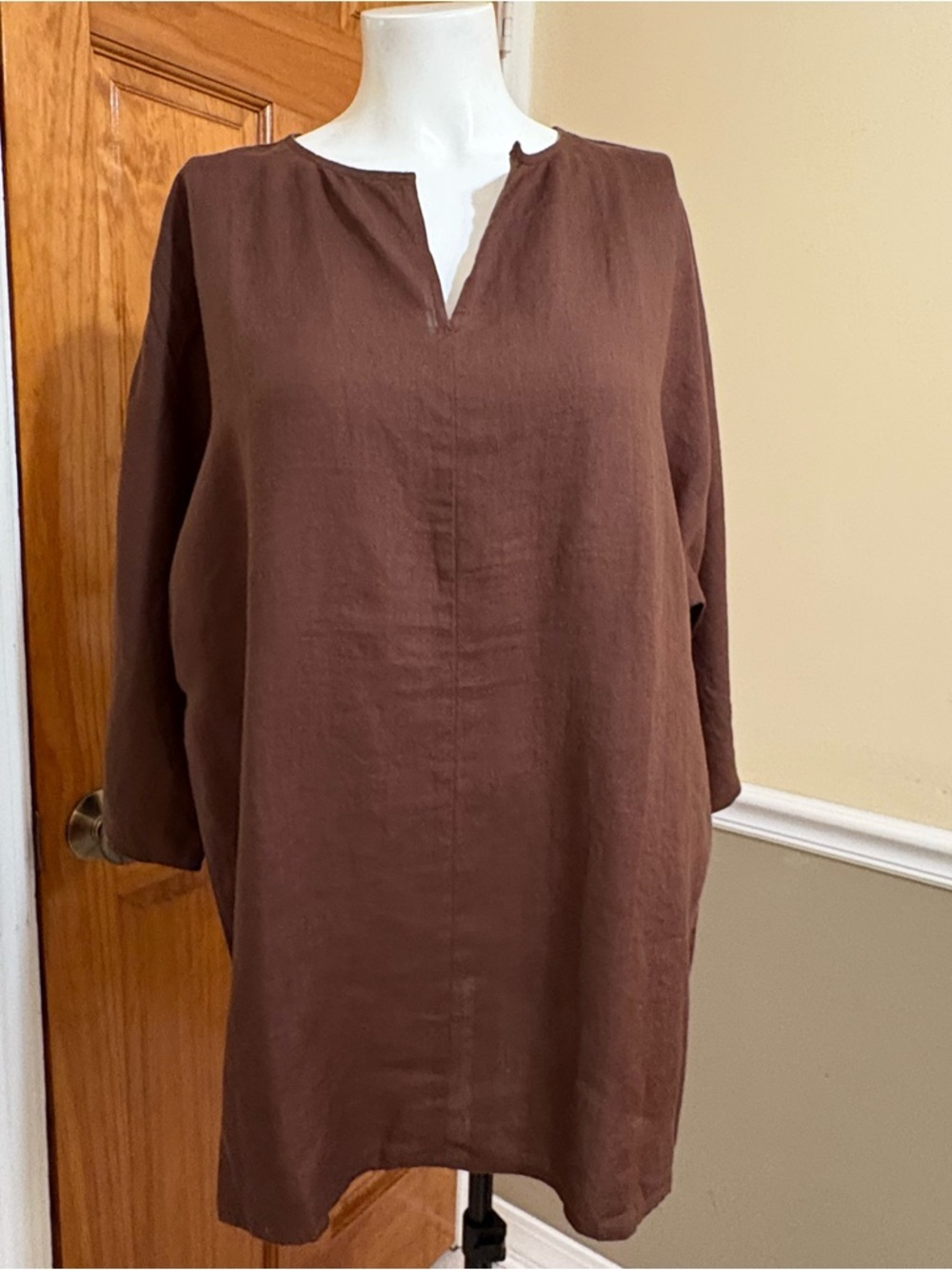 Eileen Fisher Organic Linen Cocoa Brown Split Neck Tunic Sz.PL